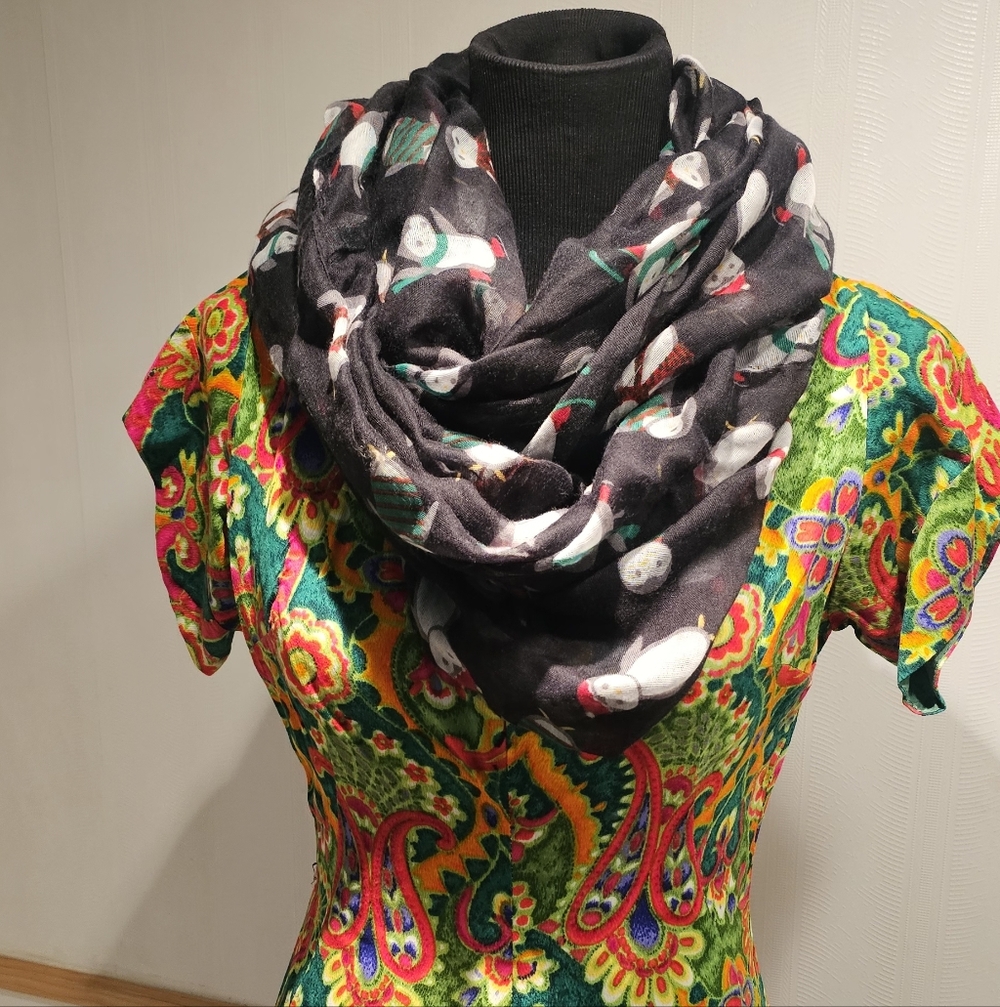 Infinity Scarf Black White Red Green Penguins Lightweight Year Round Style 60x24